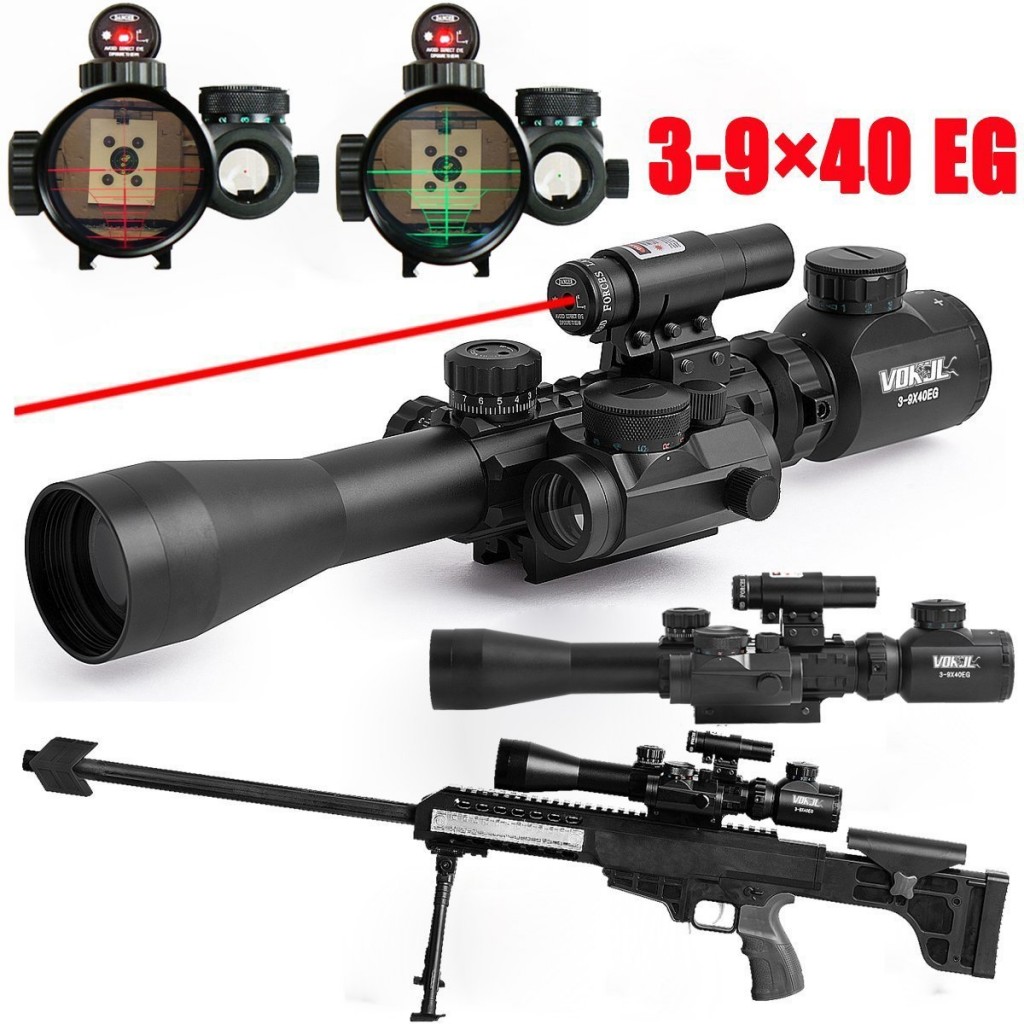 Vokul Tactical 3-9x40mm Illuminated Rifle Scope with Red Laser & Red Dot Sight